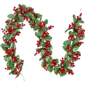 Rode Berry Kerst Slinger - 175 cm - Kunstmatige Berry Garland Flexibele Groen Garland met Rode Bes en Hulst Bladeren voor Winter Kerstvakantie Nieuwjaar Decoratie