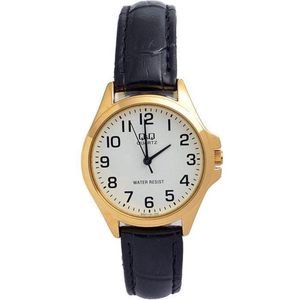 Q&Q QA07J104Y - Horloge - Analoog - Vrouwen - Dames - Leren band - Rond - Metaal - Cijfers - Zwart - Goudkleurig - Wit - 3 ATM