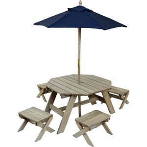 KidKraft Octagon Table, Stools & Umbrella Set - Barnwood Gray & Navy