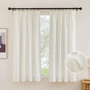 Linnenlook gordijnen half-transparant woonkamer gordijnen met plooiband kort set van 2 145 cm x 140 cm (H x B) linnen gordijn Boho raamgordijnen kort keuken gordijn linnen lichtbeige