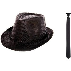 Toppers - Boland - Verkleedkleding set - Glitter hoed/stropdas zwart volwassenen