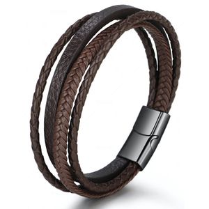 Armband Heren - Bruin Leer met Zwarte Sluiting - Leren Armbanden - Cadeau voor Man - Mannen Cadeautjes Accesoires