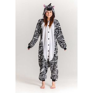 KIMU Onesie Zebra Pak - Maat 140-146 - Zebrapak Kostuum Zwart Wit Gestreept - Kinder Pyjama Huispak Dierenpak Jongen Meisje Jumpsuit Overall Festival