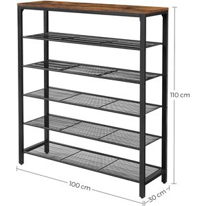 Schoenenrek - Schoenenkast - 5 Niveaus - Bijzetkast - 20 paar Schoenen - Metalen Frame - Halkast - 100 x 30 x 100 cm - Industrieel - Bruin - Zwart