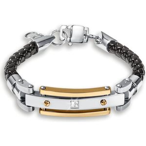 THOMASINY® CRISTALLE SICURO - Luxe RVS Armband Heren - Zwart Leer - Zilverkleurig - Met Zirkoonstenen