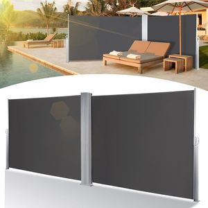 Dubbele Zijluifel Uittrekbaar Windscherm 180x600 cm Aluminium – Oprolbaar – Zonnescherm – Tuin, Strand, Terras, Balkon, Camping - Privacy – Zijluifel – Weerbestendig - Grijs
