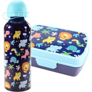 Broodtrommel + drinkfles OLIFANT Jungledieren | Lunchbox en aluminium drinkbeker voor kinderen donkerblauw | LS23c