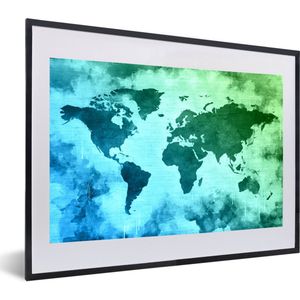 Fotolijst incl. Poster - Wereldkaart - Blauw - Groen - 60x40 cm - Posterlijst