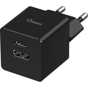 Qware - Mini Dual Charger - Iphone Oplader - Power Delivery - 20 Watt - USB-A - USB-C - Adapter - Oplader - Zwart