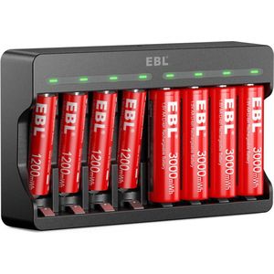 EBL Batterijlader met 4x Oplaadbare Lithium AA Batterijen 1.5V & 4x Oplaadbare Lithium AAA Batterijen 1.5V - Batterij oplader met LCD Indicatoren voor Oplaadbare Batterijen