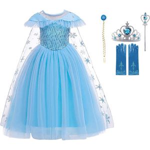 Prinsessenjurk meisje - Elsa jurk - Verkleedkleding - Het Betere Merk - maat 92/98 (100) - Tiara - Kroon - Toverstaf - Handschoenen - Verkleedkleren Meisje - Carnavalskleding Kinderen - Blauw - Cadeau Meisje