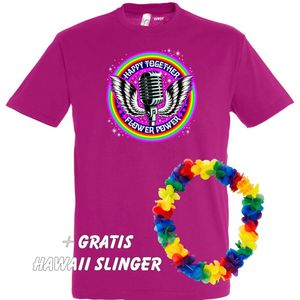 T-shirt Happy Together Flower Power | Love for all | Gay pride | Regenboog LHBTI | Fuchsia | maat 5XL