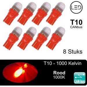 (Set 8 stuks) T10 Led Lampen Rood 1000K CANbus 5W5 | 290 Lumen | Type T10290-R | W5W | Led Signal Light | 12V | 168 | 194 | 8x | Stadslicht | 1SMD | 1000 | Kelvin | Autolampen | Car licht | Lamp |