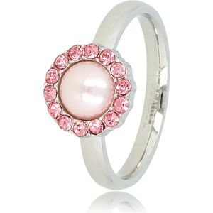 My Bendel - Ring zilver met zirkonia steentjes en roze parel - Zilveren ring met een ronde roze parel versierd met zirkonia steentjes - Met luxe cadeauverpakking