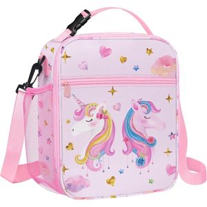 Schooltas met eenhoorns - Licht roze - 26 x 23 x 11 cm - Peuters, kleuters, kinderen - 7 L - Lunchtas met koelvak - School tasje voor meiden - Crossbody tas voor meisjes - Schoudertas met unicorns - Kindertas met print