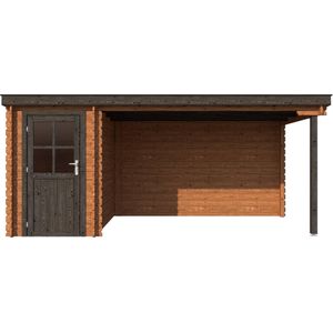 BlokhuttenOutlet.nl Blokhut met overkapping lessenaar dak 150 x 250 + 350cm in brown wash met black wash