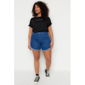 Trendyol Hoge taille Mager Donkerblauwe flexibele skinny denim shorts en bermuda's met kwastjes en kwastjes TBBSS23CJ00016