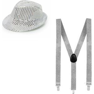 Faram Party verkleed hoedje en bretels - Zilver glitters - Verkleedkleding