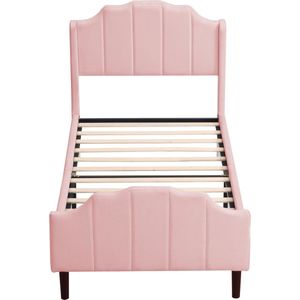 Merax Gestoffeerd Eenpersoonsbed 90x200 cm - Kinderbed Bedframe met Hoofdbord - Fluwelen Bed voor Kinderen - Roze