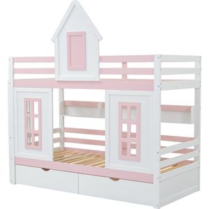 Merax Stapelbed Prinsessenbed 90x200 cm – Kinderbed met Dak - Raam - Valbescherming - 2 Schuiflades en Open Rek - Wit met Roze