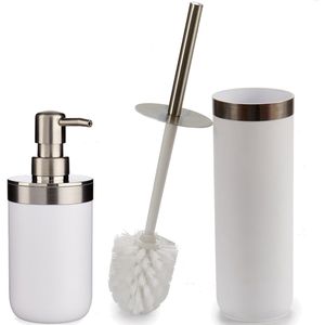 Badkamer accessoires set 2-delig creme wit kunststof - Wc-borstel met zeepdispenser van 350 ml
