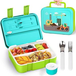 SHOP YOLO-lunchbox kinderen -1,25l-bento box-lunch containers met 5 vakken-lunchbox voor peuters met sauspot-lepel en vork-Groen
