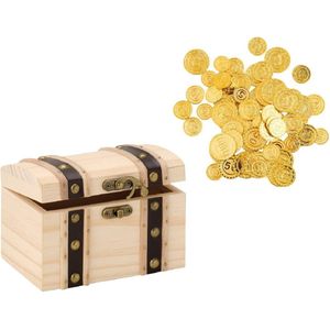 Houten piraten schatkist 17 x 12.5 cm met 100x plastic gouden piraten geld munten - Speelgoed/verkleed artikelen