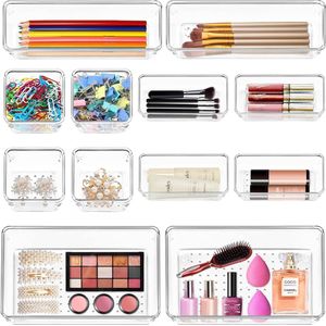 Drawer Organiser, Pack of 12 Clear Acrylic Desk Drawer Dividers Drawer Organiser 4 Sizes Separate Storage Boxes Divider Box for Makeup, Jewellery, Gadgets, Bedroom, Bathroom, Office