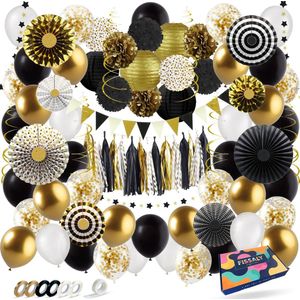 Fissaly 76 Stuks Goud, Zwart & Wit Decoratie Feestpakket met Ballonnen – Versiering - Helium – Papieren Confetti – Latex