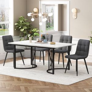 Sweiko Eettafel set (5-delige set), Eettafel set met 4-stoelen, Moderne keuken eettafel set, keuken eettafel met 140 x 80cm Zwart metalen poten, Wit MDF tafelblad, Donkergrijs linnen eetstoelen