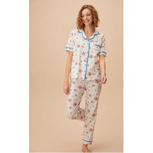 Suwen- Katoen Dames Pyjama Set - Homewear -Satijn Ecru Maat XL