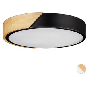 Relaxdays LED plafonnière rond - plafondlamp hout metaal - 18 W LED plafond lamp 5 x 30 cm - zwart