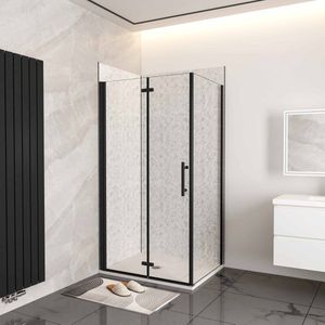 100x80x185cm douchecabine met inklapbare vouwdeur en vaste zijwand, 6mm helder EasyClean veiligheidsglas,mat zwarte aluminium frame