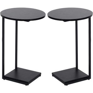 TheLau ® Tijdloze C-vormige Bijzettafel Set van 2 voor Woonkamer en Terras, Ronde Metaal-Houten Tafels