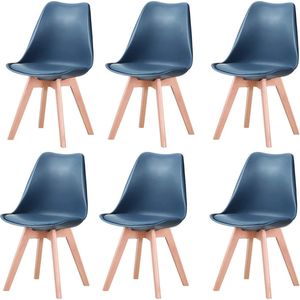 Verkoop Nederland® - Een Set Van 6 - Nordic Middeleeuwse Eetkamerstoelen - Pu Gewatteerde Stoel - Beukenhouten Poten - Bureaustoelen - Slaapkamer - Balkon - Restaurant - Blauw - 120Kg max - 82x47 cm