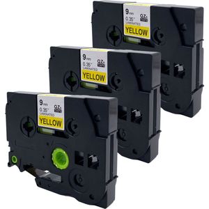 DULA Brother Compatible label tape- Tze-621 - 3 cassettes - Brother P-Touch - Zwart op geel - 9mm x 8m