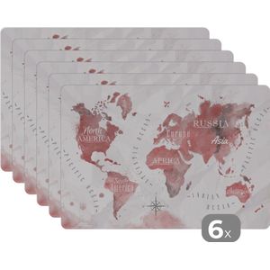 Placemat kinderen - Placemat - Placemats kunststof - Wereldkaart - Verf - Roze - 45x30 cm - 6 stuks - Hittebestendig - Anti-Slip - Onderlegger - Afneembaar