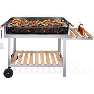 BBQ Collection Houtskool Barbecue – Trolley met Zijtafel – Grill op Wielen – RVS – 2 Roosters – 98 x 56 x 85 CM