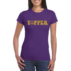 Toppers - Paars Flower Power t-shirt Topper met gouden letters dames - Sixties/jaren 60 kleding XS