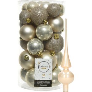 Decoris kerstballen 30x stuks - licht champagne 4/5/6 cm kunststof mat/glans/glitter mix en shiny glazen piek 26 cm