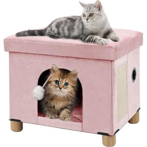 Kattenmand, kattenhuis hol voor katten met krabplank en speelbal, 45 x 37,5 x 38 cm, roze