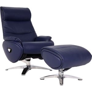 Relaxfauteuil met hocker MCW-K98, TV-fauteuil, relaxfunctie, draaibaar, metaal echt leer/kunstleer ~ blauw