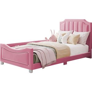 Merax Kinderbed 90x200 cm - Gestoffeerd Eenpersoonsbed - Slaapbank Bedbank - Bedframe in Flanellen Stof - Roze