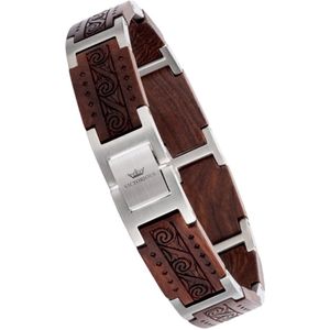 Victorious Bruin Sandelhout Armband - Zilver en Roestvrij Staal - Wave - 21cm