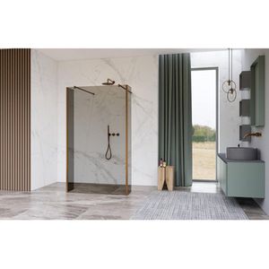 FugaFlow Eccelente Vetro Vrijstaande inloopdouche badkamer - 90x200cm - Helder geribbeld - antikalk - 8mm veiligheidsglas - 2 zijwanden 40cm - met wandarmen en hoekprofielen - Koper geborsteld -