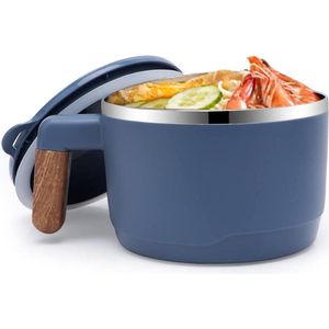 Instant Noodle Bowl 304 roestvrij staal Japanse soepkom 1000 ml met deksel - blauw-groen-wit soepkommen met oor