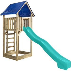 Houten Speeltoren Lisa (SwingKing) | Speeltoren met Glijbaan en Zandbak voor Buiten in de Tuin | FSC Hout - Glijbaan Turquoise blauw