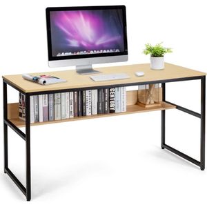 Computertafel 140 x 60 x 76 cm, werktafel industrieel met legplank, metalen structuur, bureau voor werkkamer, kantoor, slaapkamer (natuur)