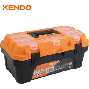 Kendo Gereedschapskoffer - polypropyleen - 1 vaste en 3 uitneembare organizers in het deksel - inklapbaar handvat - kunststof sluitingen, zwart/oranje, 47 x 23 x 22 cm