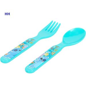Disney Lilo & Stitch - kunststof bestek - eerste bestek - baby (6+) peuter kind - lepel en vork plastic BPA vrij - kraamcadeau - fruithapje - zelf eten - blauw - 13 cm